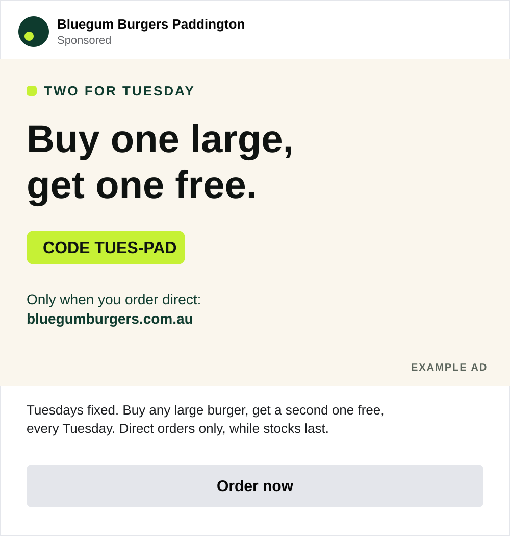 Example Meta ad for a buy one get one free Tuesday campaign, direct orders only