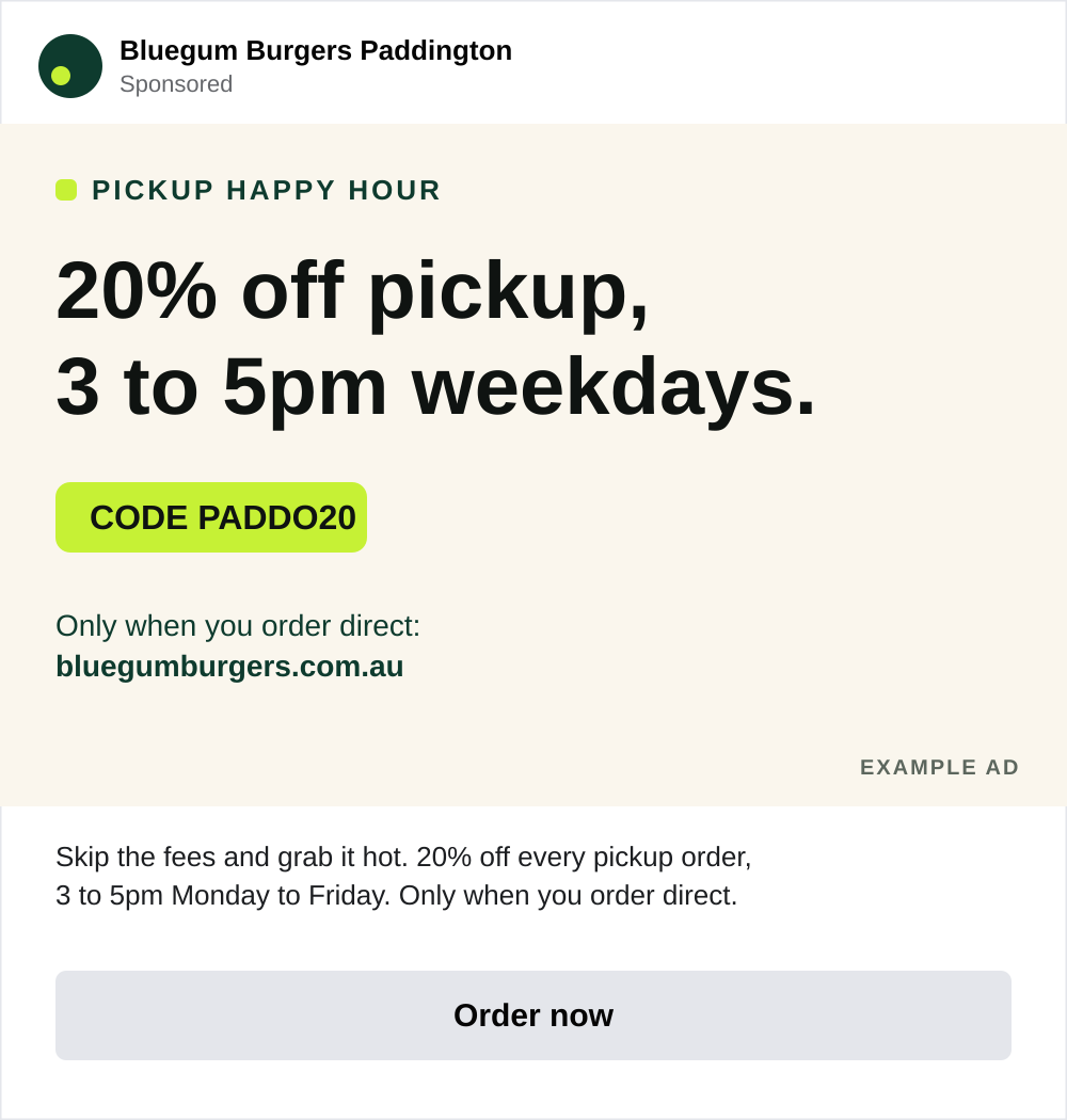 Example Meta ad for a pickup happy hour campaign with a per store voucher code