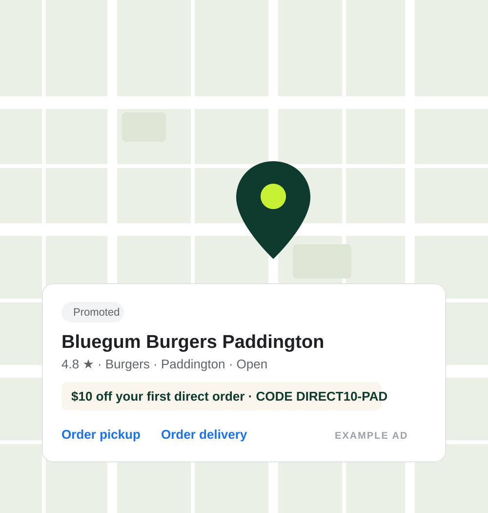 Example Google Maps promoted listing with a first direct order offer and a per store code